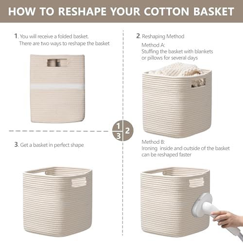 UBBCARE Set of 2 Kallax Storage Cubes-13 ×15 ×13 Inch, Cotton Rope Basket for Shelves, Toys, Book, Cube Storage Bin with Handles, Woven Storage Basket for Organizing, Beige - Image 7