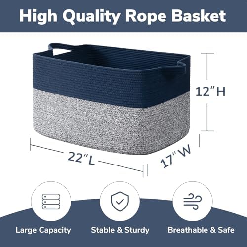 Goodpick 75L Extra Large Woven Blanket Basket, 22" x 17" x 12", Blue - Image 3