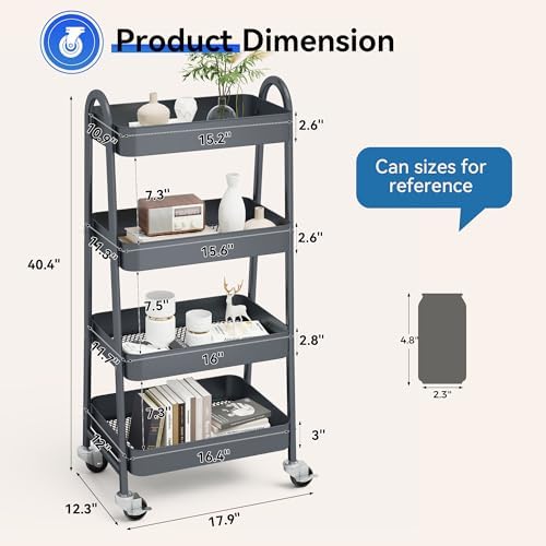 NEWBULIG 4-Shelf Metal Rolling Storage Utility Cart with Lockable Wheels - Image 4