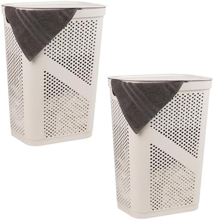 Mind Reader 60L Slim Laundry Hampers, Geometric Cutouts, Set of 2, Ivory by MindReader