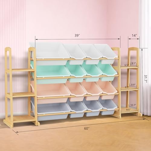 Kids Toy Storage Organizer with Bookshelf – Wooden Shelf with 16 Bins & 6 Shelves, Quick Assembly Storage Rack for Playroom, Bedroom, Nursery – Colorful - Image 2