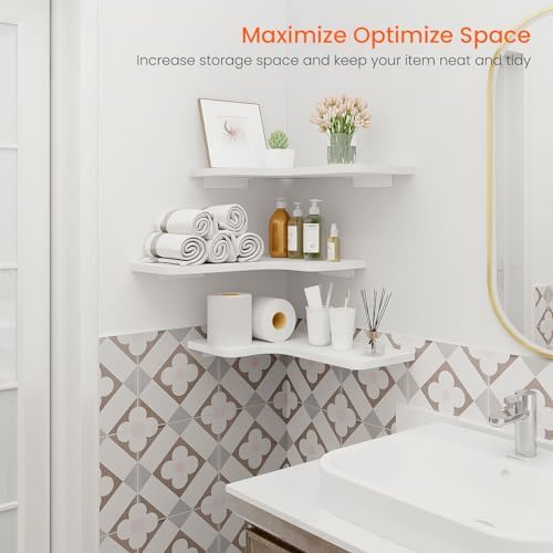 Homode Corner Floating Shelves, Set of 3 Corner Wall Shelves with Wire Hole, L-Shaped Wood Hanging Storage Shelf for Wall Decor, for Bathroom Kitchen Bedroom, White - Image 4