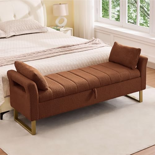 66" Storage Bench for Bedroom Upholstered End of Bed Bench King Size Brown by Aemeios