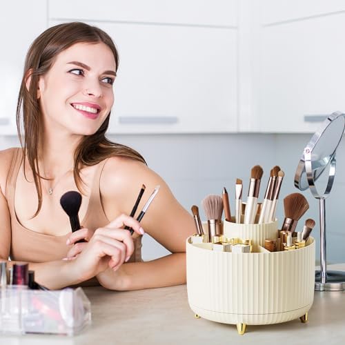 Diesisa Makeup Brush Holder Organizer,360° Rotating Makeup Brush Organizer,5 Slot Make up Brushes Cup for Cosmetics, Nail Polish, Art Supply, Bathroom Vanity Desktop Organizer - Cream - Image 6