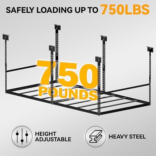4x8 Ft Overhead Garage Storage Rack, 28-41 inch Height Adjustable Ceiling Mounted Organization Rack, 750 lbs Weight Capacity, 48"x96" Metal Rack for Garage Storage with Hanging Rods - Image 3