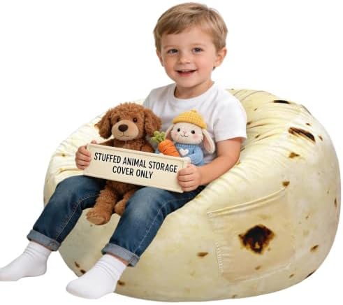 Lukeight Stuffed Animal Storage Bean Bag Chair Cover for Kids, Velvet Plush Toy Organizer Seat, Cover Only, No Filling Included, Long YKK Zipper, Side Pocket, Large 27"D x 16"H by Lukeight