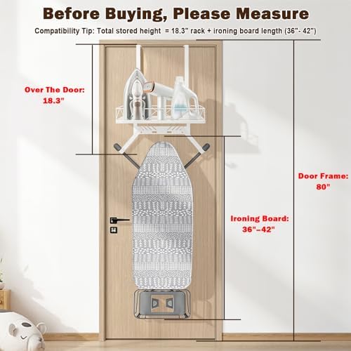 Ironing Board Hanger, Metal Over The Door or Wall Mounted Ironing Board Caddy, Ironing Board Storage Shelf with Adjustable Hooks for Laundry Room, Living Room, Bathroom (White) - Image 3