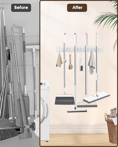 AceMining White Broom Holder Wall Mount, 4 Holders 4 Hooks Mop Holder - Image 2
