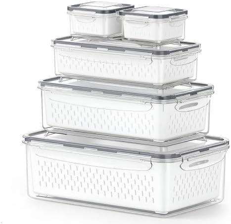 KUK 5 Pack Fruit Storage Containers for Fridge, Stackable Leakproof Food Keeper with Removable Colander, BPA-Free Produce Saver for Vegetables, Berries & Meat by KUK