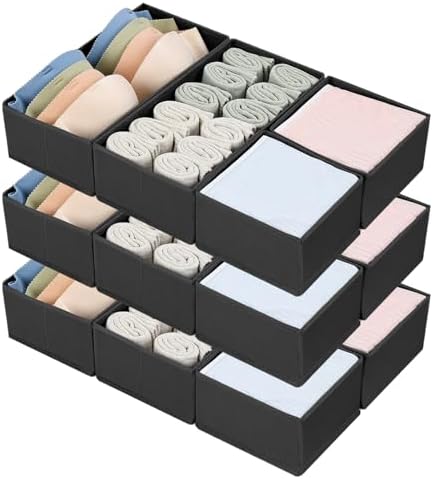 DIMJ Drawer Organizers, Set of 12 Clothes Drawer Organizer, Foldable Closet Drawer Organizer, Dresser Drawer Organizers Dividers for Baby Clothes, Socks, Belt, Tie (Black) by DiMJ