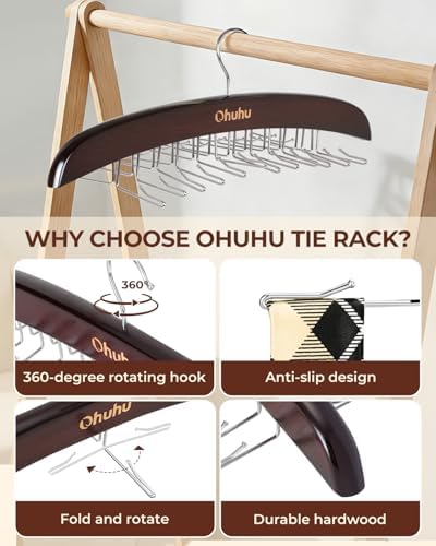 Ohuhu 24-Hook Wooden Tie Rack, 360° Rotating Rustproof Closet Hanger - Image 6