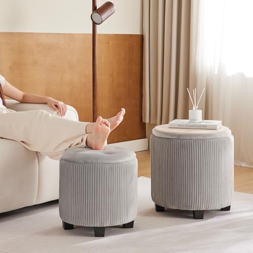BLEXA Tufted Ottoman Set of 2 Large Round Velvet Storage Ottoman Gra - Image 4
