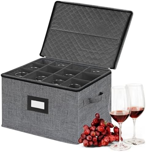 Wine Glass Sorage Box, Stemware Storage Cases with dividers, Hard Shell China Storage Containers 12 Cells for long stem, Stackable Crystal Glassware Storage with Label Window, Handles (Dark Grey) by homyfort