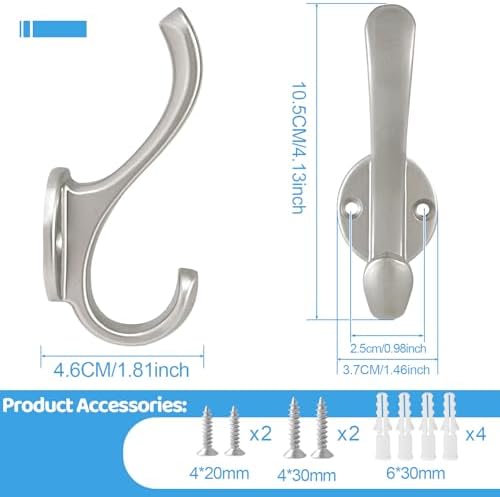 6 Pack Coat Hooks Wall Mount Heavy Duty Utility Retro Double Hooks for Hanging Coats,Hat, Towel, Key, Robe, Scarf, Bag, Cap (Silver) - Image 3