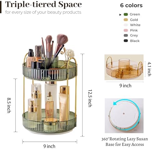 Aveniee Rotating Makeup Organizer for Vanity, Upagraded Perfume Skincare Bathroom Counter Organizers with Brush Divider, 2 Tier Spinning Lipstick Cosmetic Lotion Storage,Green - Image 3