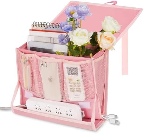 Bedside Caddy Organizer for Dorm Bed Rails with 7 Pockets, Pink by Retyion