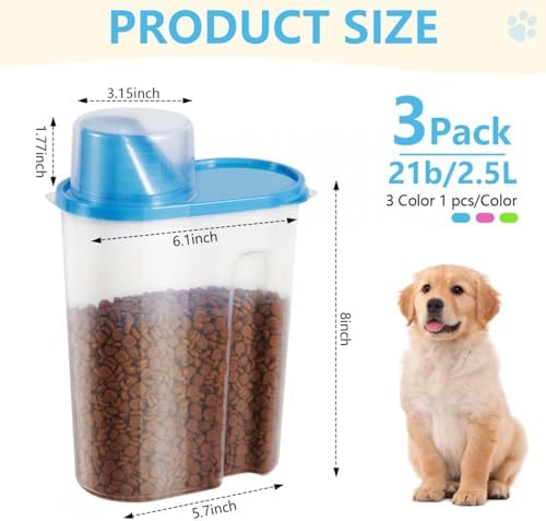 SenseYo 3 Pack 2lb 2.5L Pet Food Storage Container with Measuring Cup BPA Free for Small Dog, Cat, Bird (Blue Pink Green) - Image 2