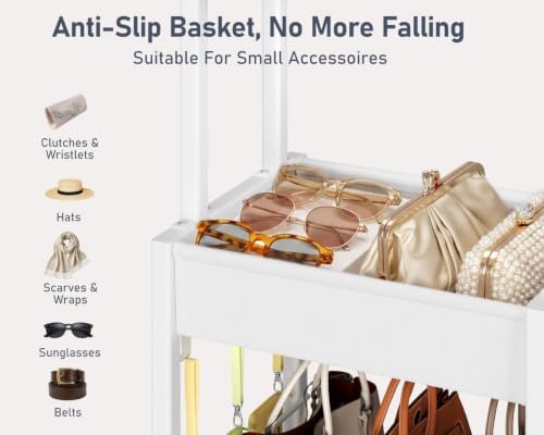 DIMJ Purse Organizer for Closet - Floor-standing Handbag Organizer Rack with 16 Hooks, Purse Storage Shelf Stand for Handbags, Totes, Wallets, Scarves, Bedroom Entryway and Walk-in Closet, White - Image 6