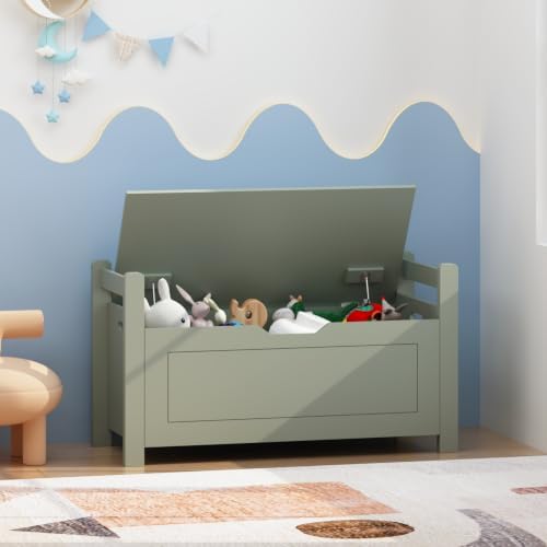Storage Chest, Storage Bench with Cushion Seat, Toy Chest, Wooden Toy Box with 2 Safety Hinges, Shoe Bench, for Entryway, Living Room, Bedroom, Green - Image 4