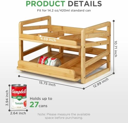 2 Tier Bamboo Rolling Can Rack Organizer for Pantry Up To 27 Cans - Image 2