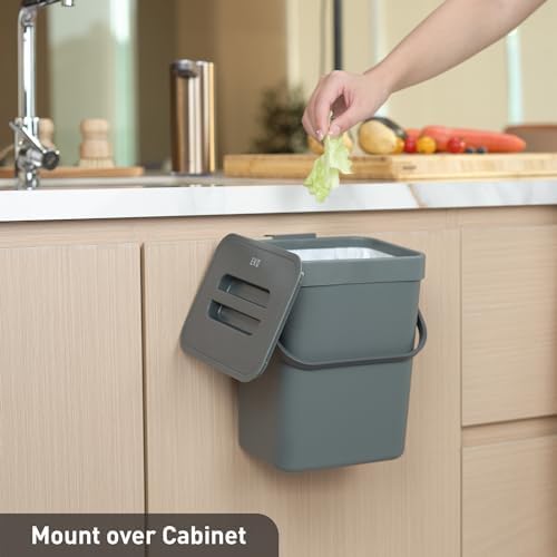 EKO Puro Mini Wall-Mounted Kitchen Trash Can with Lid Food Waste Caddy, 0.79 Gal / 3L (Grey), 3L (Pack of 12) - Image 3