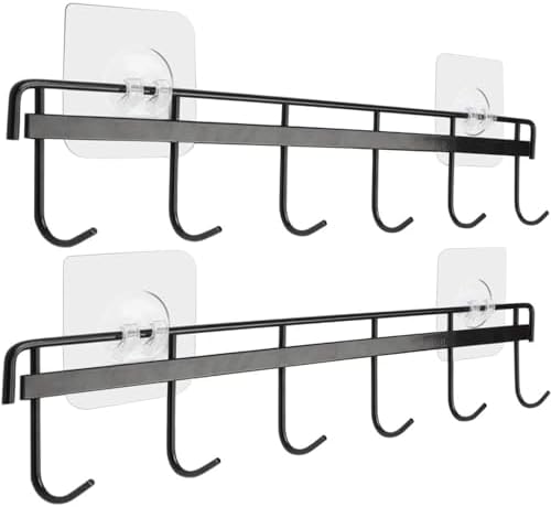 YiZhi Adhesive Wall Hooks Rack Kitchen Rail, Space Saving Utensil Holder No Drilling Wall Mounted Accessory Hanger with 6 Hooks for Kitchen Bathroom Bedroom Pack of 2 (Black) by Unknown