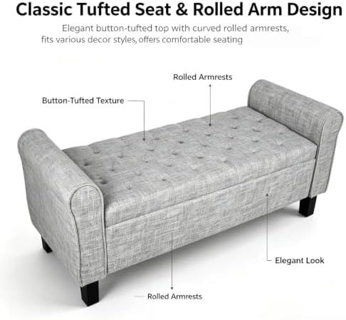 51 Inch Light Gray Linen Storage Ottoman Bench with Rolled Armrests - Image 4