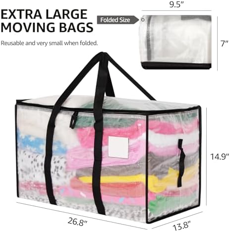 Moving Bags Heavy Duty Extra Large, Alternative for Moving Boxes & Moving Supplies,Clear Storage Bins with Lids, Plastic Packing Tote, Storage Bags for Clothes with Handles & Zippers(Clear, 2 Pack) - Image 5