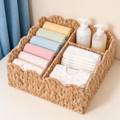 Divided Scalloped Basket,Wicker Diaper Caddy Scalloped Baske,Woven Natural Water Hyacinth Basket with 4 Dividers,Suitable for Baby Rooms, Bathrooms, Bedrooms (Beige) by Unknown