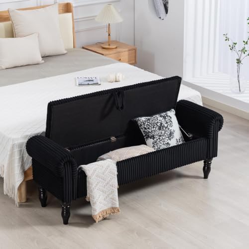 60" Corduroy Storage Bench, Queen End of Bed, Black by AtomhomeFurniture