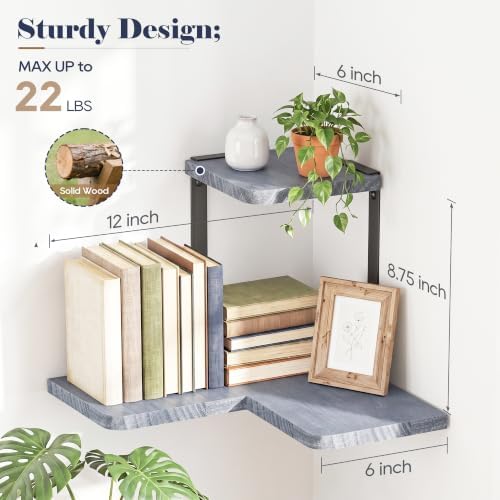 SRIWATANA 2-Tier Corner Wall Shelf,Rustic Wood Display Shelf Weathered Grey - Image 2