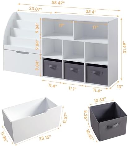 Fatmok Kids Bookshelf and Toy Storage, 2 Pack 58.5’’ Toy Organizer with Movable Chests & 3 Storage Bins, Large Kids Reading Nook with 5 Cubbies for Playroom, Bedroom, Nursery, White - Image 2