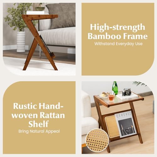 Giantex Rattan Side Table, Boho Nightstand with Glass Top & Magazine Rack, End Table with Storage, Bamboo Bedside Table for Small Space Living Room Bedroom (2, Walnut) - Image 6