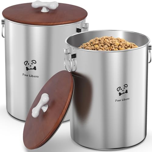 Paw Libero 2PK 25 Lbs total 50 Lbs Stainless Steel Dog Food Storage Container with Airtight Wooden Lid & Ceramic Bone Handle, Large Metal Dog Food Bin for Dogs & Cats by PawLibero