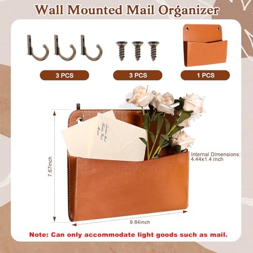 PU Leather Mail Holder Wall Mount 9.8x7.7 Inch Brown Letter Holder Vintage Hanging Mail Organizer 2 Ring Bill Organizer for Wall Decor Storage Letter Postcards Bill Flowers Office Home - Image 2
