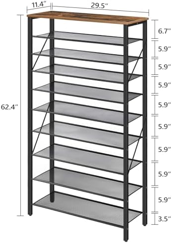 MAHANCRIS 10 Tier Shoe Rack Organizer for Closet, Holds 36-40 Pairs, Tall Metal Shoe Storage Shelf for Dorm, Entryway, Sturdy Freestanding Shoe Rack Space Saving, Large Capacity, Rustic Brown - Image 3