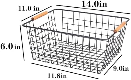 LeleCAT Large black wire basket for Organizing with Wooden Handles,pantry refrigerator organizers and storage,Snack Storage Baskets for Cabinets, Closets, Bedrooms, kitchen -2pack（Black） - Image 2