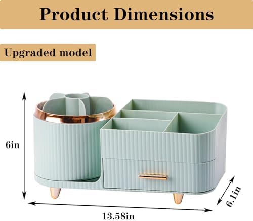 Rotating Makeup Organizer for Vanity with Brush Holder and Drawer, Cosmetic Makeup Storage, Large Spinning Makeup Skincare Organizer, Countertop Makeup Perfume Organizer, Lotions Display Case (Green) - Image 3