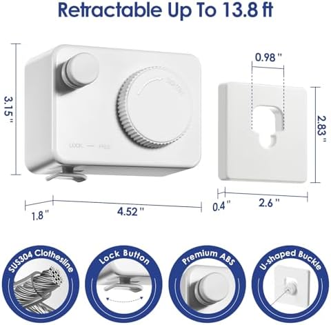 Retractable Clothesline Indoor, Non-Sagging Clothes Line Retracting Outdoors,13.8Ft Heavy Duty Clothes Drying Laundry Line, Wall Mounted Clothesline with 5pcs Hooks (RectangleWhite) - Image 5