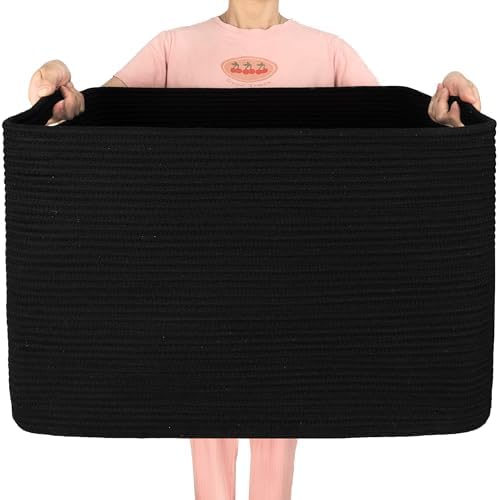 MINTWOOD Design 112L Extra Large Blanket Basket Holder Living Room, 25"x17"x16" Rectangle Rope Woven Storage Basket with Handles for Laundry, Pool Towels, Shoes, Dog Toy Organizer Bin Box, Black by MINTWOODDesign