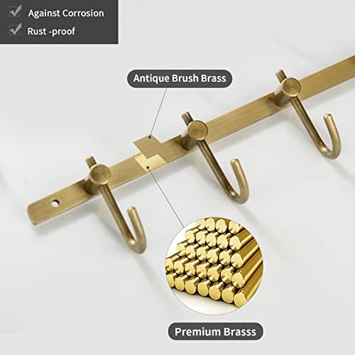 WINCASE Brass Towel Hook Rack, Brushed Brass Wall Hook Rack, Antique Brass Row Hooks with 4 Hooks Rustic Wall Mounted - Image 5