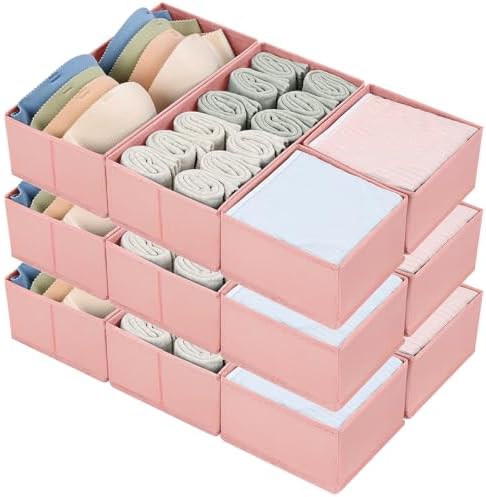 DIMJ Drawer Organizers - Set of 12 Fabric Closet Organizers and Storage, Drawer Dividers for Baby Clothes, Socks, Belt, Tie (Pink) by DiMJ