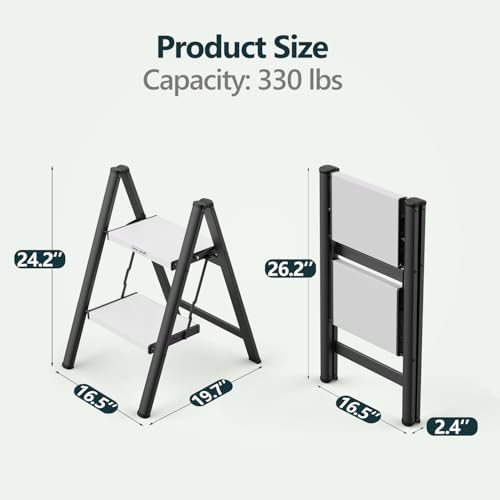 WOA WOA 2 Step Ladder, Foldable Step Stool, 300lbs Load, Black & White - Image 5