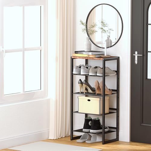 CHEMPFR Narrow 5-Tier Shoe Rack, Slim Space-Saving Shelf with Decorative Wood Top & Steel Mesh, Entryway/Closet/Dorm Organizer, 16.5x11.8x36 Inches - Image 2