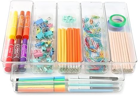 6 Set Clear Plastic Junk Drawer Organizer Vanity Curlery Utensil Makeups Organizer for Kitchen 12'' X 3'' - Image 5