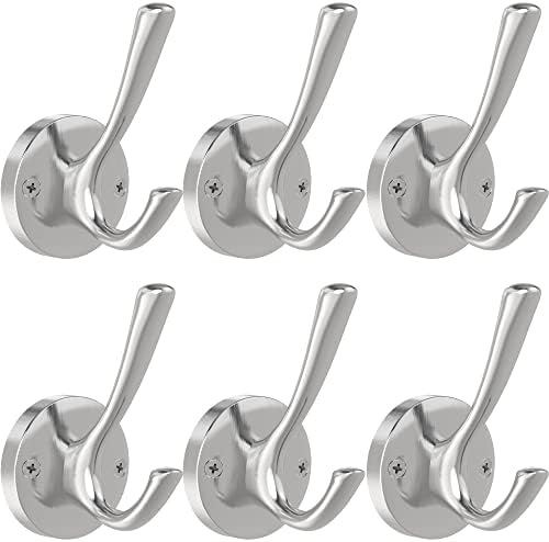 TOFIIGREM Brushed Nickel Wall Hooks, 6 Pack Coat Robe Hook Heavy Duty Metal Double Bath Hook Wall Mounted, Hand Towel Hooks for Cubicle Bathroom Kitchen Closet Garage by TOFIIGREM