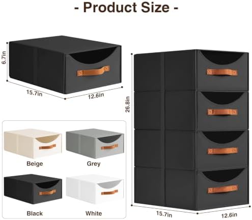 Homsorout Closet Organizers and Storage - Large Stackable Storage Bins with Drawer, Fabric Bins for Organization, Collapsible Storage Drawers Organizer for Bedroom, Living Room, 4 Pack, Black - Image 3