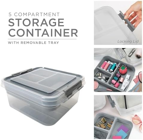 Simplify 5 Compartment Gift Supply Storage Box | 2 Tier Box | Red | Clear Top Lid | Dimensions: 9.5"x 9.5"x 4.5" | Snap Handle| Storage | Wrapping Accessories| Grey - Image 2
