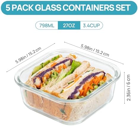 Vtopmart 5Pack 27oz Glass Food Storage Containers with Lids, Grey - Image 2