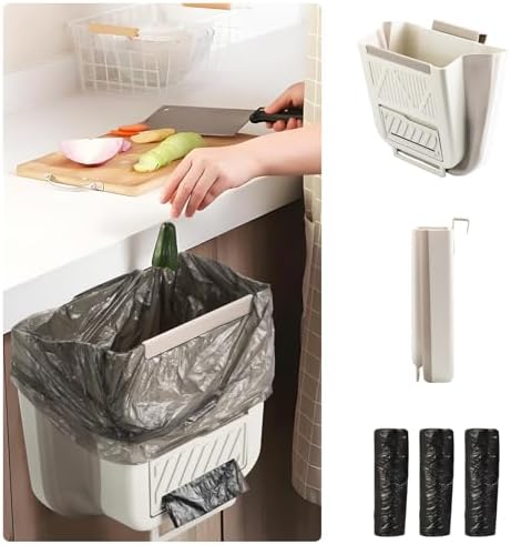 Collapsible Hanging Trash Can, SHAIDOJIO Foldable Kitchen Garbage Can with 60Pcs Trash Bags, 2.6 Gallon Plastic Food Waste Bin for Cabinet Door, Waste Basket for Rv Camping Bathroom Bedroom by SHAIDOJIO